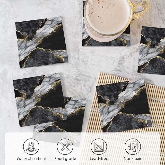 Luxury Black Grey Marble Square Ceramic Coasters Set of 6 Pack, Dark Gray Golden Ink Granite Texture Stone Drink Coaster with Cup Holder Anti-Scratc Cork Backing Bar Kitchen Home Housewarming Gift