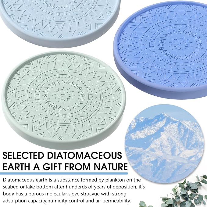 Photect Diatomaceous Earth Coasters Set with Holder Absorbent Stone Drink Coasters Instant Drying Tray for Tabletop Protection Home Decoration Housewarming Gift(Blue,4 Pcs)