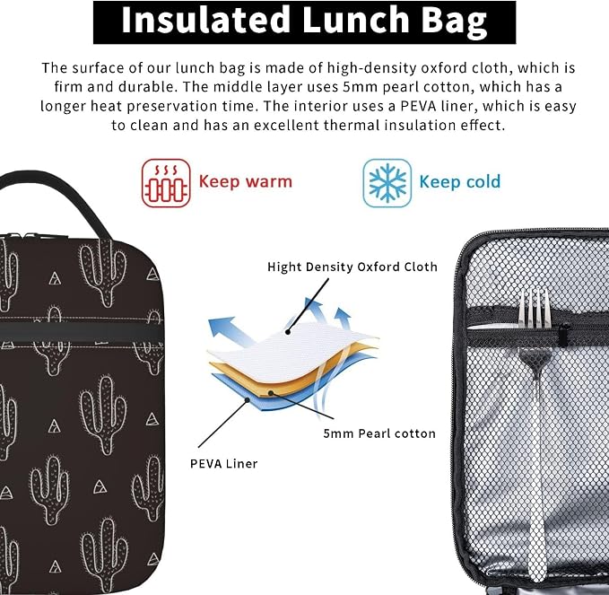 Black Cactus Fun Western Insulated Lunch Bag Portable Reusable Zipper Lunch Box For Men Women Work Picnic Travel Camping