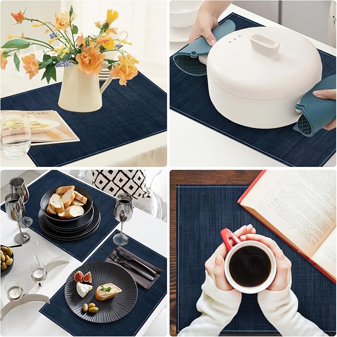 Niviy Dark Blue Placemats Set of 4, 12x18 Inch Washable Easy to Clean Heat-Resistant Anti-Skid Navy Blue Placemats for Holiday Party Kitchen Dining Room Decoration