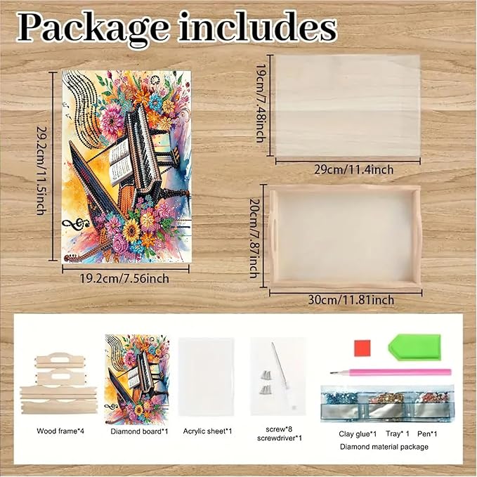 BAYUNOE DIY Diamond Serving Tray Rectangular Breakfast Tray with Handle Handmade Diamond Art Painting Wooden Tray Spring Creative Dinner Plate Coffee Room Living Home Organizer-Piano