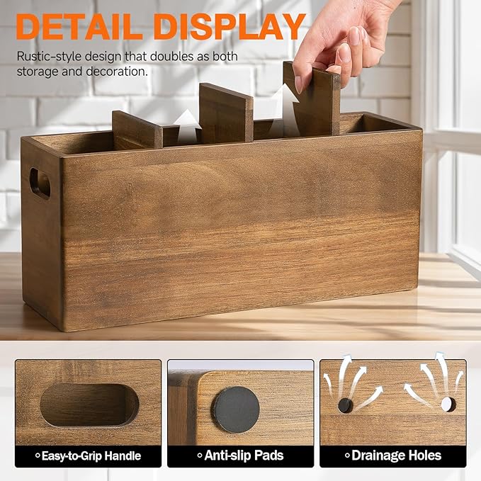 Wooden Utensil Holder Counter, Kitchen Utensil Organizer Large 4 Compartment Cooking Utensils Holder, Acacia Rustic Wood Farmhouse Storage Container Crocks for Silverware and Cooker Set