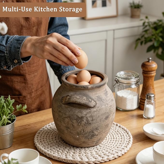 Rustic Kitchen Utensil Holder with Handle,7" Ceramic Farmhouse Stable Utensil Crock for Countertop, Vintage Cooking Tool Organizer & Spatula Holder For Kitchen Decor (Dark Brown)