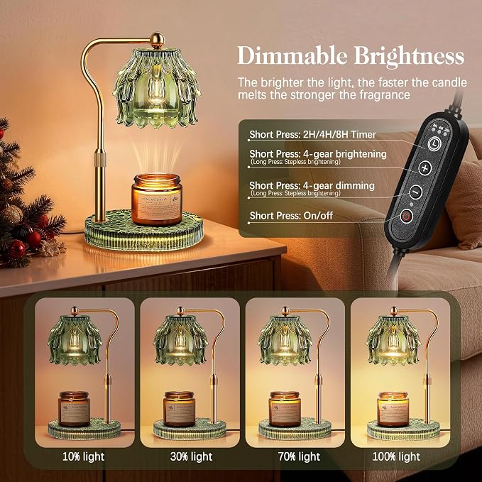 QiMH Candle Warmer Lamp with Timer Dimmer, Modern Wax Warmer for Scented Wax Jar Candle Warmer with 2 Bulbs, Adjustable Height Glass Lamp for Women, House Warming Gifts, Gold Green