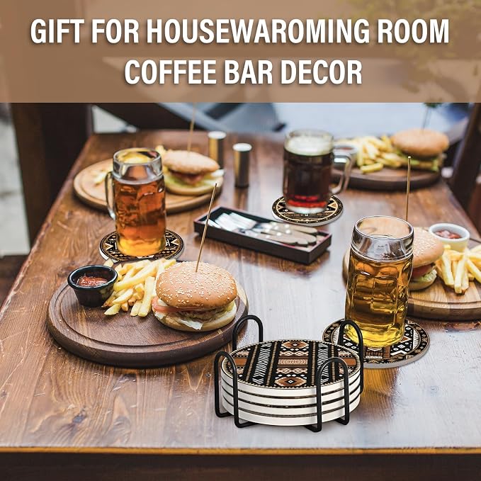 Drink Coasters Set of 6, Western Ceramic Stone Coasters, Western Home Decor, with Cork Base and Metal Holder, Absorbent Round Non-Slip Drink Coffee Bar Decor Mug Cup Coaster