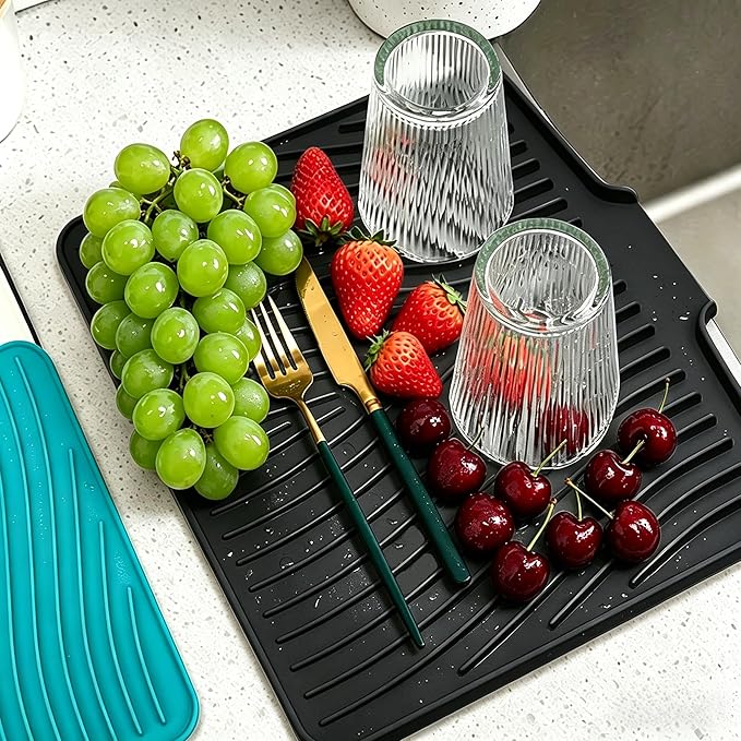 Silicone Dish Drying Mat,Dish Drying Pad,Kitchen Accessories,with Built-In and Non-Slip Drain,Easy Clean, Fit for Kitchen, Bar, RV, Refrigerator and Drawer Liner, 19.7 * 17 in Black 1PCS by EBIGIC