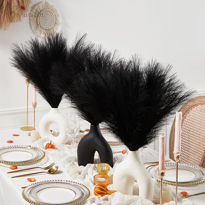 Serwalin 60Pcs Black Pampas Grass Decor, 17.7'' Faux Pampas Grass, Fluffy Short Artificial Pompous Grass for Gothic Room Decoration, Wedding, Party, Halloween and Home Decor