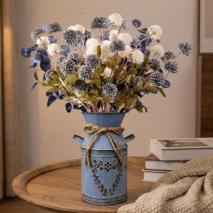 16.5''H Fake Flowers in Vase for Centerpiece Table Decorations with 10Pcs Fake Mums Flowers Eucalyptus Stems Faux Pompon Kiku Flowers Arrangement for Home Farmhouse Decor (Blue and White)