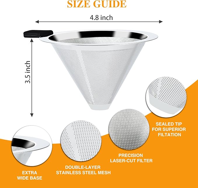 Pour Over Coffee Dripper Slow Drip Paperless Coffee Filter, Double Mesh Stainless Steel Pour Over Coffee Maker for Single Cup Brew Reusable Cone Filter, Coffee Drip Cone, Fine Mesh Strainer(5-6 Cup)