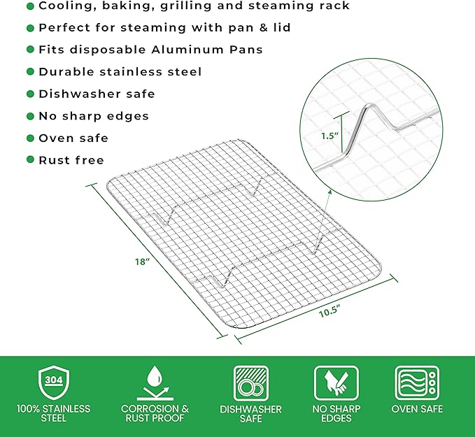 Nagid 100% Stainless Steel Rack - Fits Standard 21” x 13” Disposable Aluminum Pan – Size 18” x 10.5” x 1.5” - Great for Steaming - Cooling – Baking – Roasting - Grilling