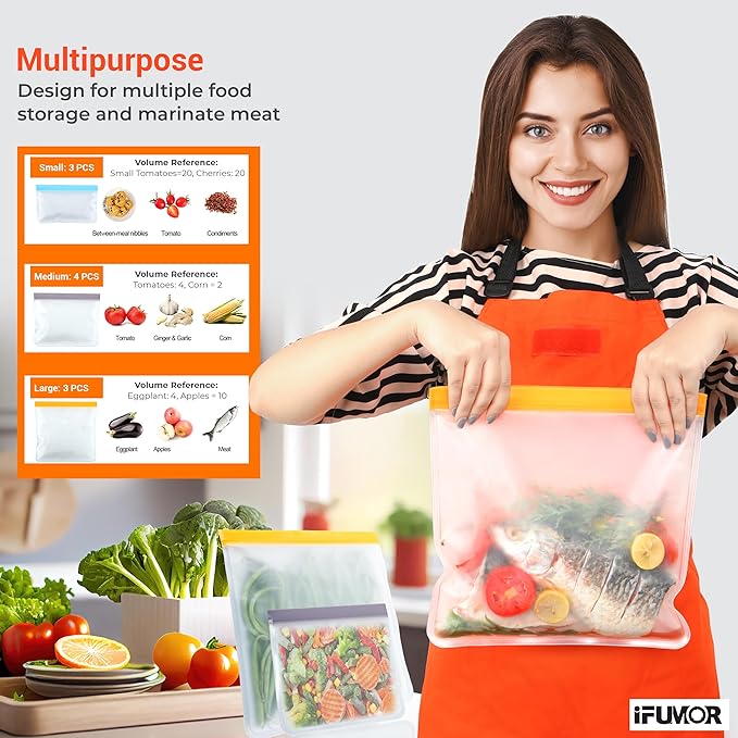 5 Pack Reusable Gallon Storage Bags, BPA Free Leakproof Food Storage, Dishwasher Safe Silicone-Free Freezer Bags