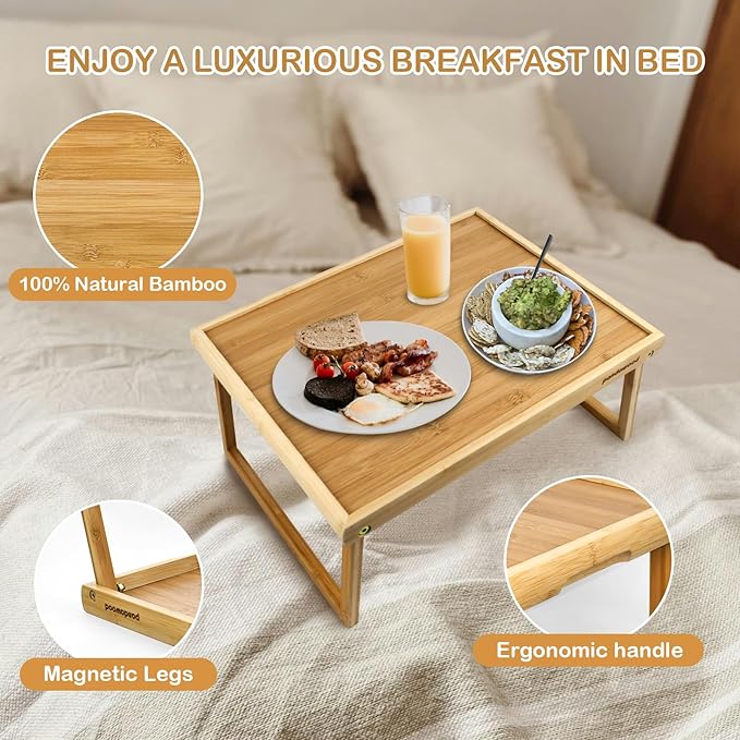 Bamboo Breakfast Tray for Bed - Bed Tray Table with Folding Legs for Eating - Foldable Food Tray with Handles - TV Lap Tray for Couch Adults Kids - Portable Bamboo Bed Tray with Legs for Laptop