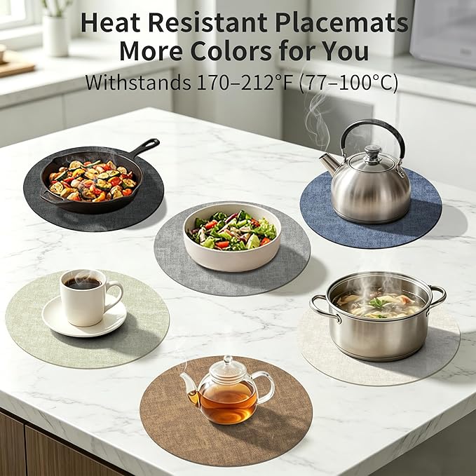 Maxpearl Round Placemats Set of 6, 13.8 inch Faux Leather Heat Resistant Table Mats, Non Slip Waterproof Wipeable Place Mats for Kitchen Dining Holiday Party Table Settings, Blue