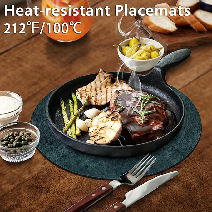 ADRIMER Placemats, Heat Resistant Round Placemats Set of 8 Washable, Waterproof Table Mats, Wipeable Faux Leather Place Mats for Kitchen, Dining Room, Dark Blue