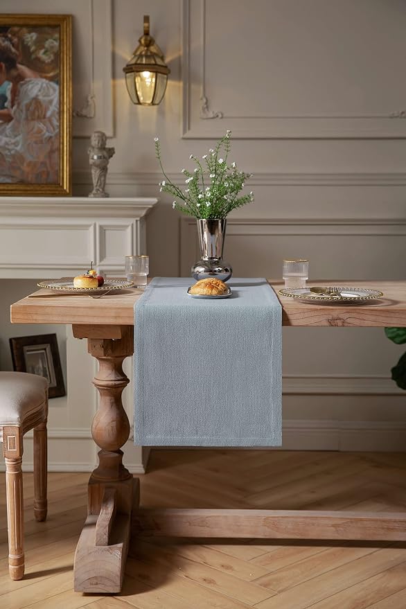 ZeeMart Burlap Style Farmhouse Table Runners 72 Inches Long, Dusty Blue Rustic Woven Dining Table Runner for Everyday Use, 14x72 Inches, Light Dusty Blue