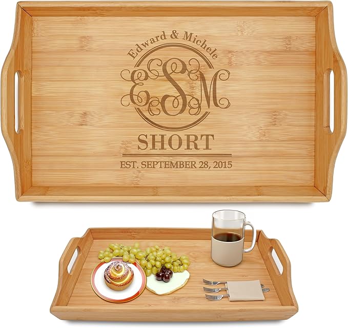 Personalized Bamboo Wood Serving Tray with Handles, Engraved Wooden Trays, Wedding Gifts, Housewarming Gifts (3 Letter Monogram)