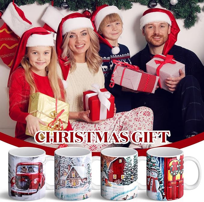 Nitial 4 Pcs Christmas Coffee Mug Sets 12oz Farmhouse Christmas Cups Bulk Gift for Women Men Decoration for Kitchen Office Home(Truck)