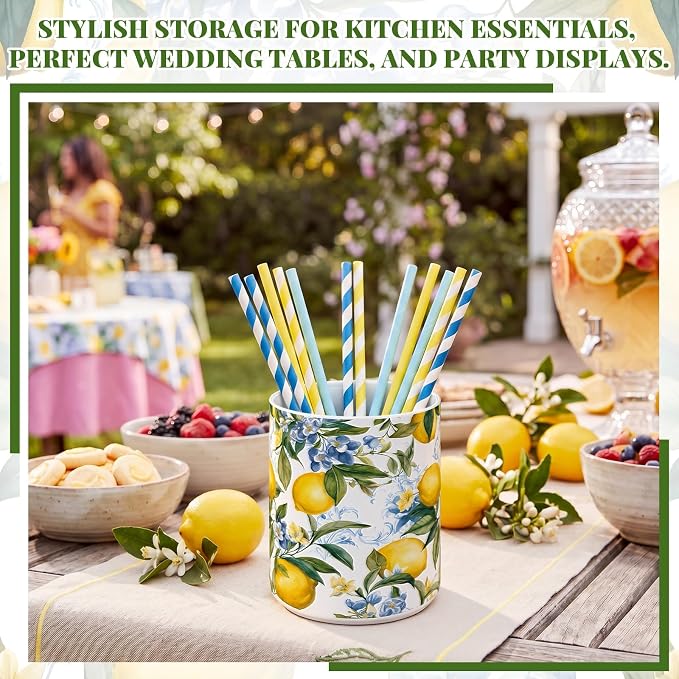 Suclain Lemon Ceramic Utensil Holder 6.3 Inch Rustic Kitchen Crock Summer Lemon Floral Design Countertop Storage Organizer for Spatula and Spoon Home Cooking Unique Gift Idea