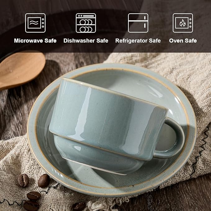 JIEMEI HOME Porcelain Stackable Espresso Cups with Saucers and Metal Stand, 4 Ounce Demitasse Cups for Latte, Cafe Mocha, Tea - Set of 6, Reactive Glaze, Green