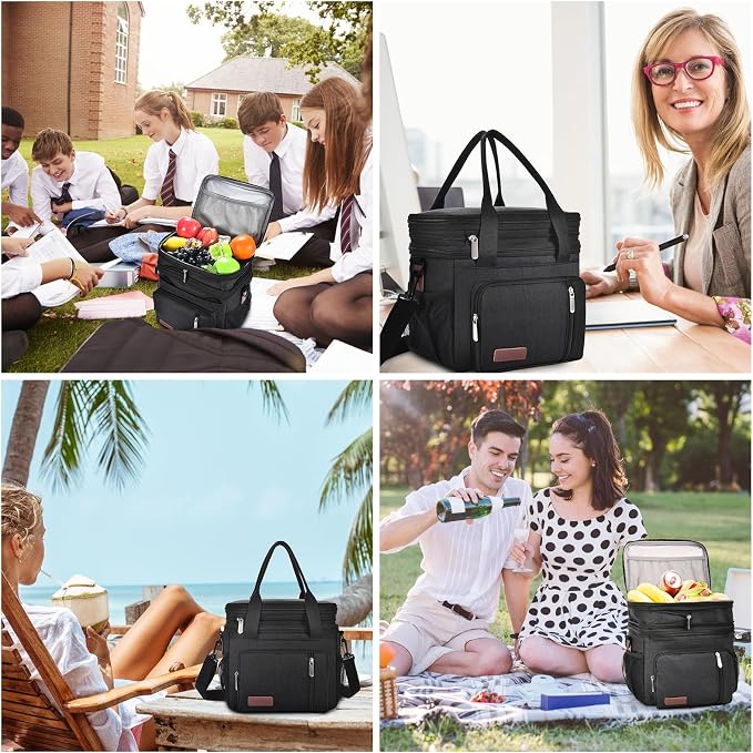 LOKASS Lunch Bag& Lunch Box for Men Women Double Deck,Large Insulated Adult Lunch Box Leakproof Lunchbox Cooler Bag for Work Picnic Beach, Black