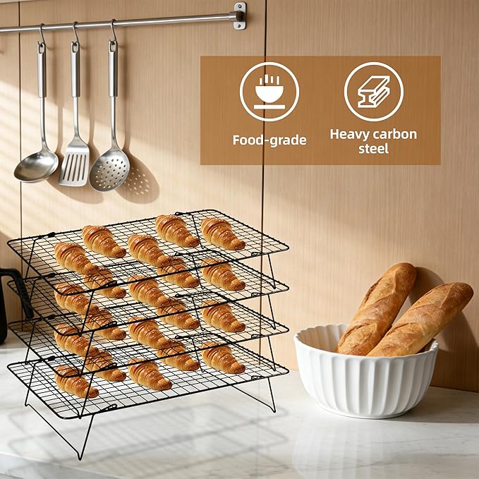 Cooling Rack, 5 Tier Stackable Cooling Racks for Cooking Baking Roasting, Multi-Level Collapsible Cookie Rack for Cakes, Oven Safe & Easy Clean (Black, 5-Tier)