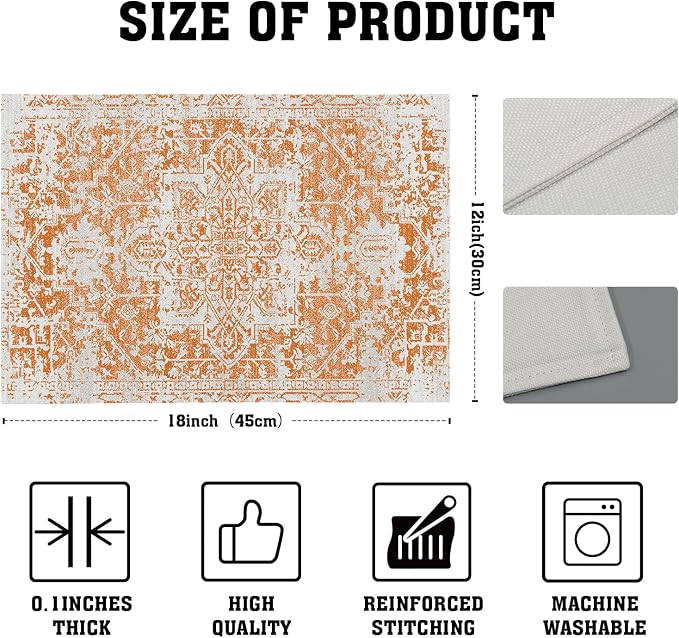 Gray Orange Boho Placemats Set of 4 Ethnic Bohemian Carpet Place Mats Washable Kitchen Dining Vintage Grey Geography Floral Linen Table Mats Stain Heat-Resistant Cloth Tabel for Home Party 12x18 in