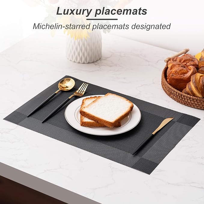 CADONO Placemats Set of 4 Washable Indoor/Outdoor Vinyl Place Mats for Dining Table Durable Non-Slip Heat Resistant PVC Weave Table Mats（Four-Corner-Black）