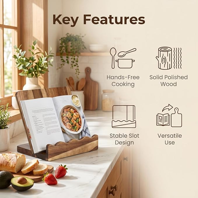 Scalloped Acacia Wood Cookbook Stand, 2-in-1 Holder & Serving Tray | Material: Acacia Wood , Food-Safe | Design: Scalloped Edge, Folds Flat to 1.5" |cookbook stand for kitchen counter