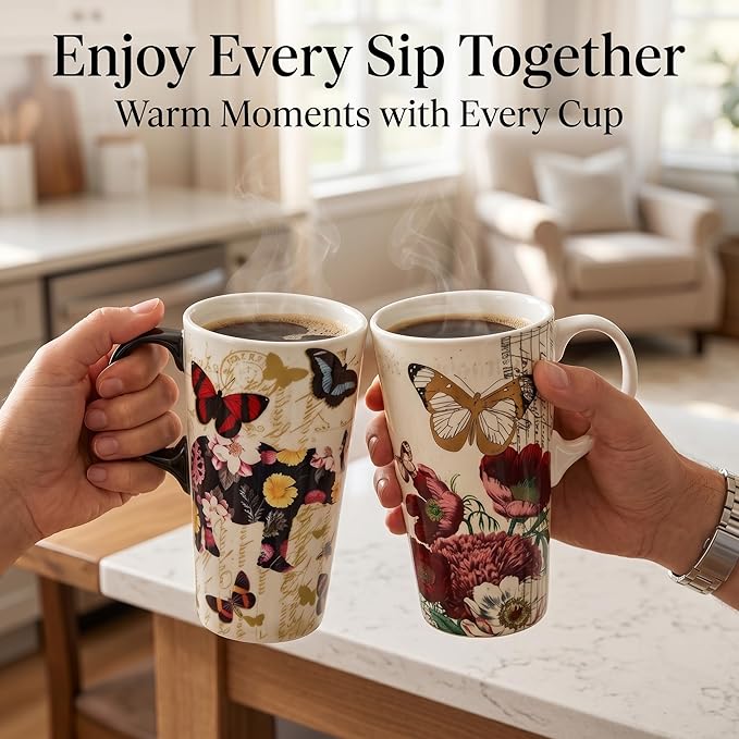 Topadorn Set of 2 17oz Ceramic Travel Mugs with Lids, Vintage Butterfly & Floral Coffee Cup Set, Spill Resistant Microwave & Dishwasher Safe Mug Set