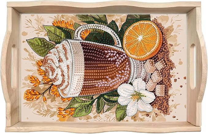 BAYUNOE DIY Diamond Serving Tray Rectangular Breakfast Tray with Handle Handmade Diamond Art Painting Wooden Tray Spring Creative Dinner Plate Coffee Room Living Home Organizer-Coffee