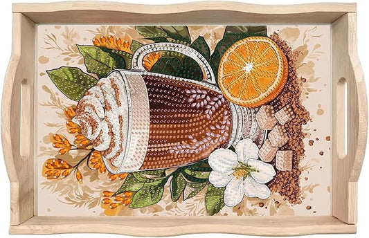 BAYUNOE DIY Diamond Serving Tray Rectangular Breakfast Tray with Handle Handmade Diamond Art Painting Wooden Tray Spring Creative Dinner Plate Coffee Room Living Home Organizer-Coffee