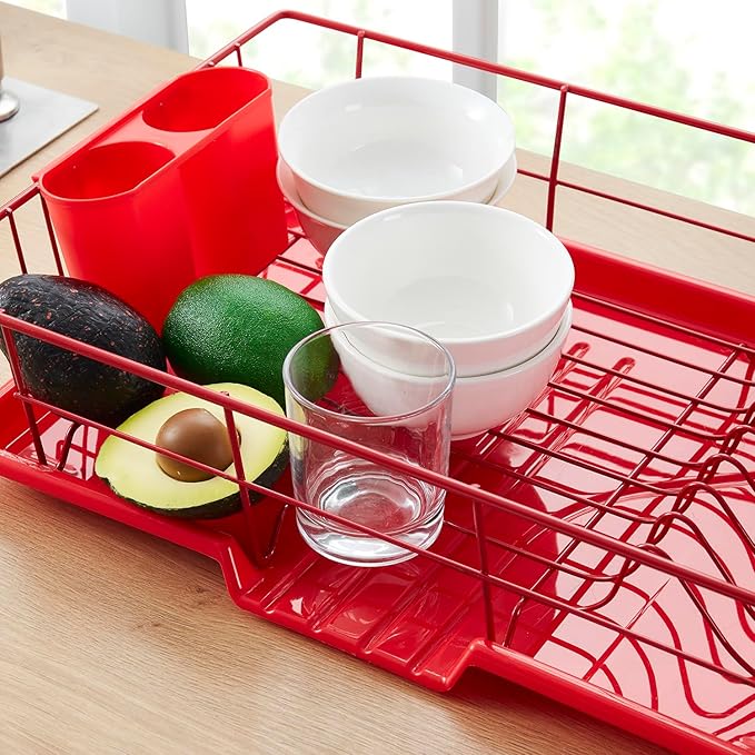 Space-Saving 3-Piece Dish Drainer Rack Set Efficient Kitchen Organizer for Quick Drying and Storage Includes Cutlery Holder and Drainboard Maximize Countertop Space, Bright Red
