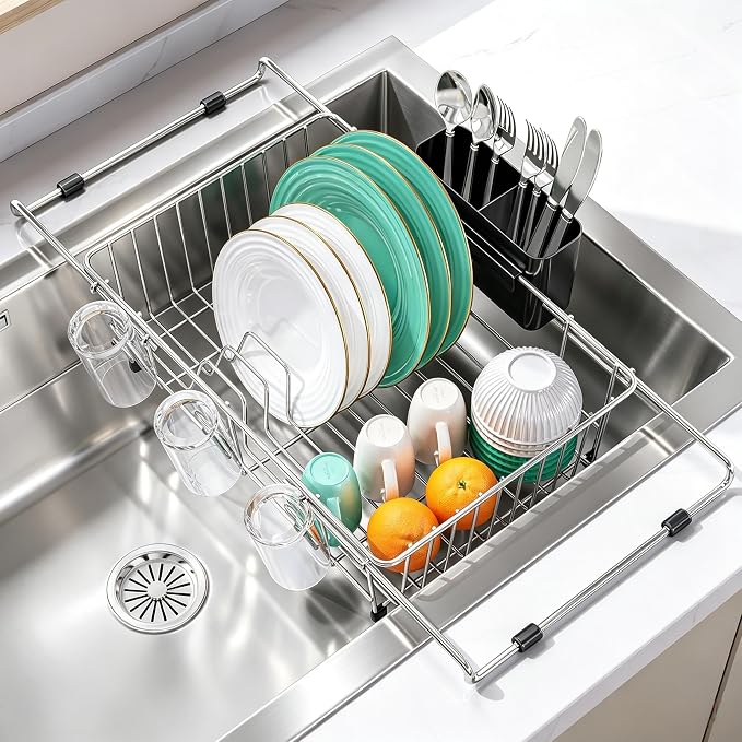 Urackify Dish Drying Rack in Sink, 304 Stainless Steel Expandable (15.35"-23.23"L) Over the Sink Dish Rack with Utensil Holder for Compact Kitchen, Space - Saving Dish Drainer for Inside Sink, Silver