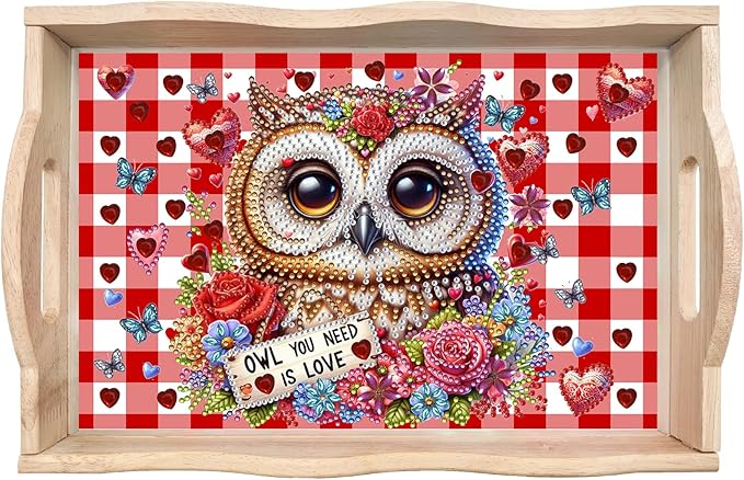 BAYUNOE DIY Diamond Serving Tray Rectangular Breakfast Tray with Handle Handmade Diamond Art Painting Wooden Tray Valentine's Day Red Plaid Dinner Plate Coffee Room Living Home Organizer-Owl