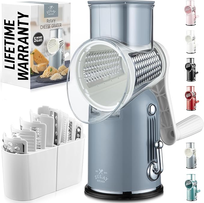 Zulay Kitchen Rotary Cheese Grater 5 Blade Cheese Shredder - Manual Hand Crank Cheese Grater With Reinforced Suction & 5 Interchangeable Drums - Easy to Use, Vegetable Chopper Round Mandoline Slicer