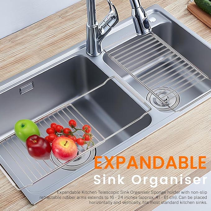 Expandable Over The Sink Dish Drainer Drying Rack, Stainless Steel Telescopic Sink Storage Rack, Kitchen Sink Caddy Organizer Sponge Holder