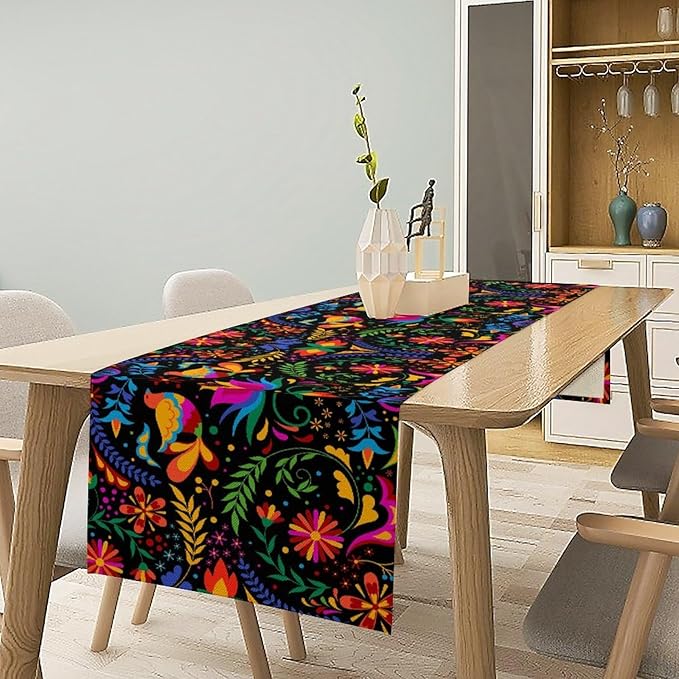 Mexican Table Runner, Vintage Colourful Art Minimalist Botanical Flower Birdie Table Decor Table Top Dining Kitchen Wedding Party 13x36 in