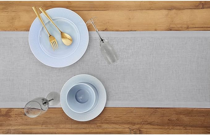 Solino Home Linen Soft Grey Table Runner 120 Inches Long - 100% Pure Linen 14 x 120 Inch Table Runner for Spring, Summer - Fete