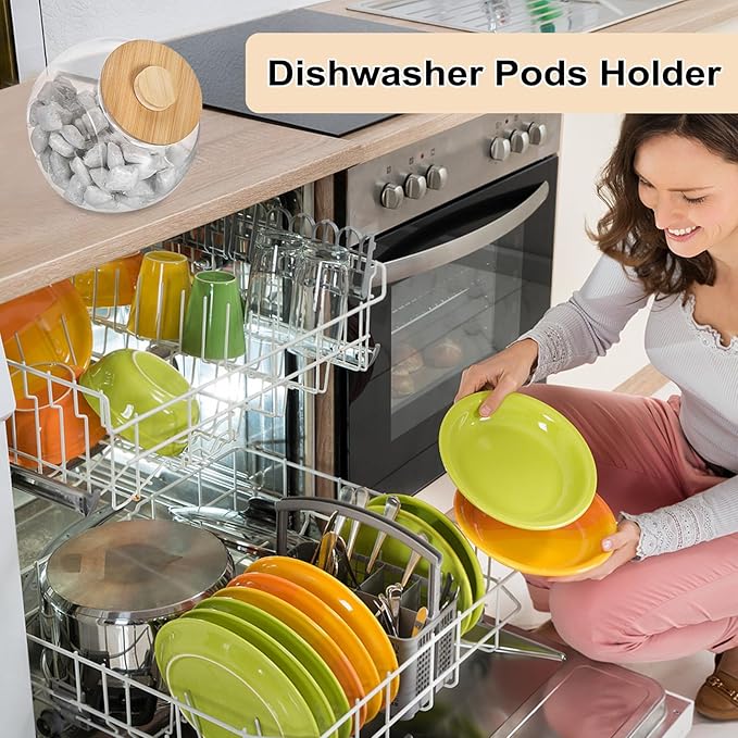 ELLDOO Clear Slanted Plastic Storage Jar with Bamboo Lid, Wide Mouth Laundry Pods Container Dishwasher Pods Holder, Coffee Pod Holder for Nespresso K Cup, Candy Cookie Jars for Coffee Bar Kitchen