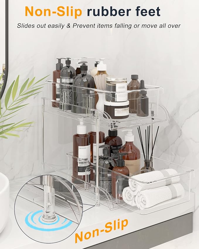 Sevenblue Under Sink Organizer, Bathroom Organizers and Storage, 2 Tier Multi-Use Pull Out Cabinet Organizer with Hang Hooks and Cups (transparent, 2 Pack)