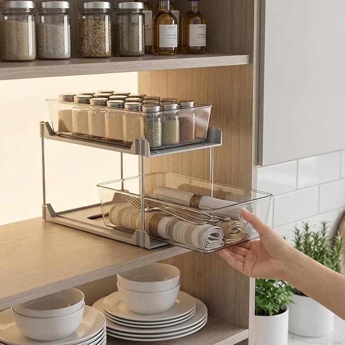 2 Pack Bathroom Organizer,2 Tier White Under Sink Organizers Vanity Countertop Storage Container,Cabinet Drawers Bins, Pull-Out Organization with Track for Pantry, Kitchen