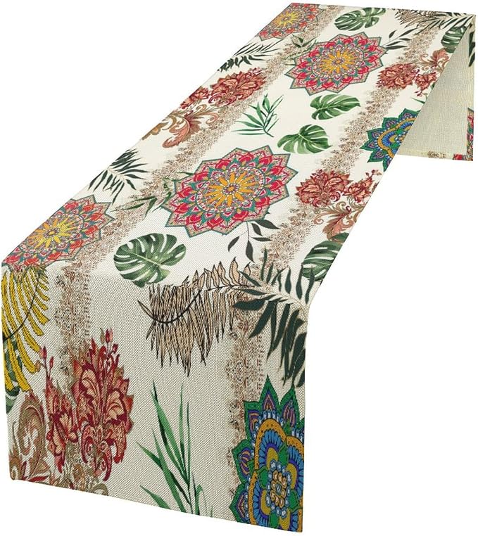 Boho Floral Table Runner, Vintage Rustic Abstract Geometric Natural 70s Watercolour Indian Mandala Botanical Flower Leaves Table Decor Table Top Dining Kitchen Wedding Party 13x108 in