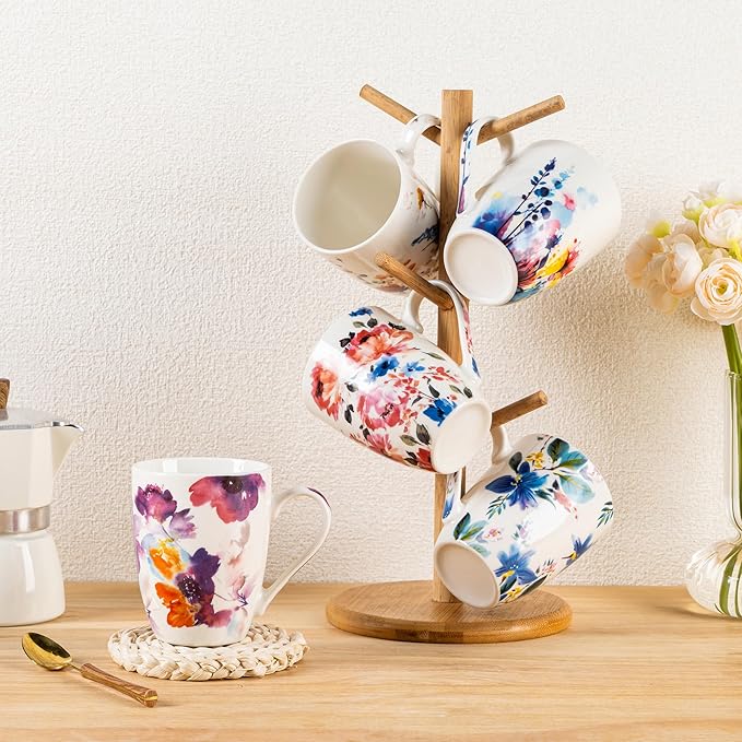 GBhome 12oz Coffee Mugs Set fo 6, Ceramic Coffee Mugs with Decaled Flowers for Man Woman Mom Dad, Light Weight Coffee Mugs Set for Latte/Cappuccino/Cocoa/Milk, Dishwasher & Microwave Safe