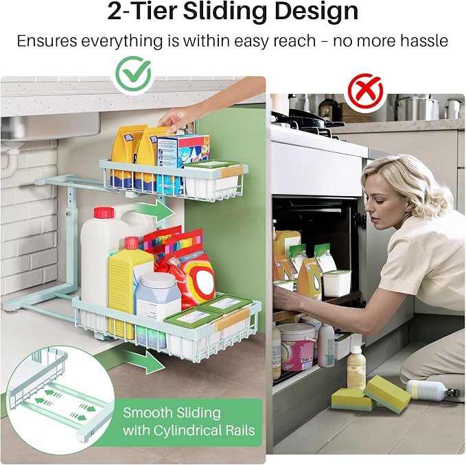 Kitstorack Under Sink Organizer, 2 Tier Under the Sink Storage, Slide out Pull out Cabinet Organizer Shelf, Metal Sliding Drawer for Kitchen Bathroom Pantry Closet Organization Rack, Blue, 1 Pack