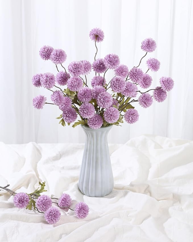 DuHouse 6pcs Artificial Flowers Faux Silk Pompon Mum,Silk Small Mini Chrysanthemum Ball with Stems for DIY Bouquets Centerpieces Vase Home Table Kitchen Decorations(Purple)