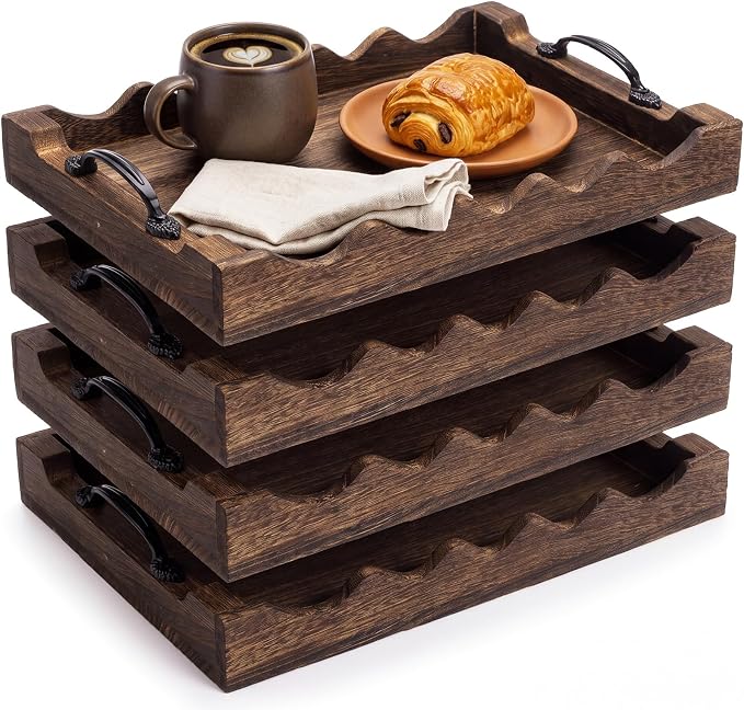 4 Pcs Rustic Wood Scalloped Serving Tray Wood Decorative Serving Tray with Handle Rustic Rectangular Platter 13 x 9.5 for Farmhouse Ottoman Breakfast Coffee Table Home Kitchen Decor(Brown)