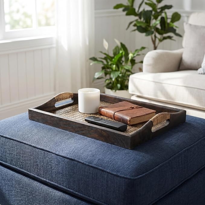 PartyKindom Handmade Wood and Rattan Serving Tray with Elevated Handles, Large Rectangular Decorative Tray for Ottoman, Coffee Table, Spa Salon and Hotel Room