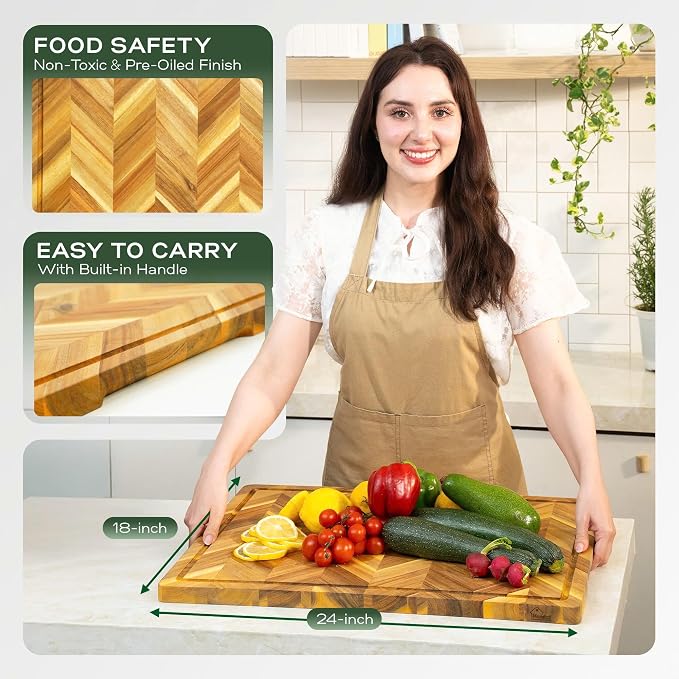 Howizz Solid Acacia Wood 24"x18" Extra Large Cutting Board, 1" Thickness Herringbone Chevron Acacia Grazing Board Large Charcuterie Serving Board, Non Toxic Natural Wood, Thick Wooden Chopping Boards