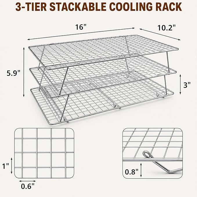 Cooling Rack, 3 Tier Stackable Cooling Racks for Cooking Baking Roasting, Multi-Level Collapsible Cookie Rack for Cakes, Oven Safe & Easy Clean (Silver, 3-Tier-SL)