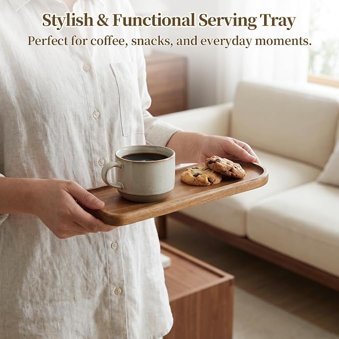 Small Wooden Tray | Acacia Wood Tray for Vanity, Bathroom Counter, Coffee Table & Toilet | Perfect for Jewelry, Remote, Keys & Catch All | Mini Charcuterie Board Serving Platter (Racetrack-Shaped)